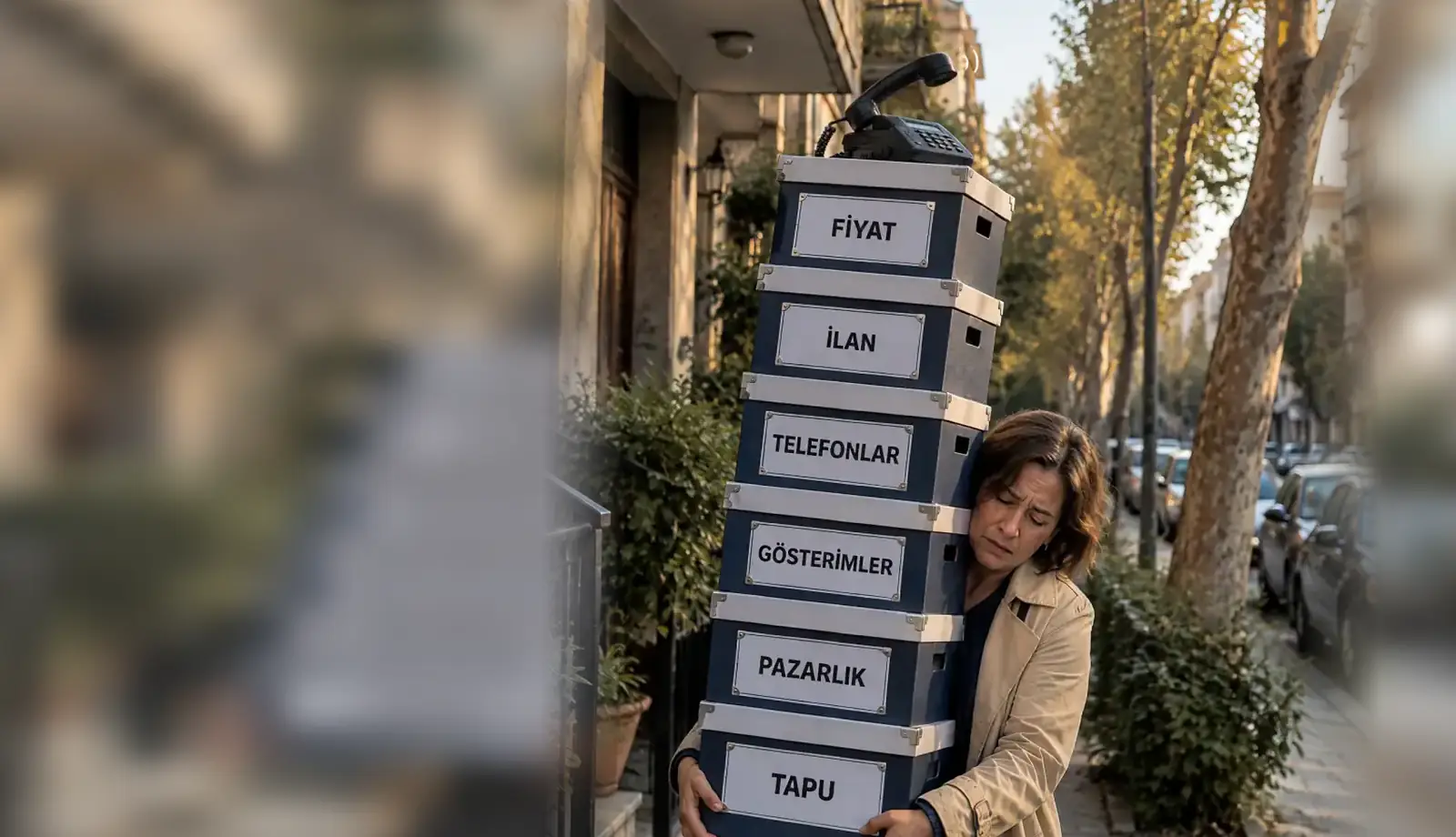 Kollarında FİYAT, İLAN, TELEFONLAR, GÖSTERİMLER, PAZARLIK ve TAPU yazılı ağır kutularla yorulmuş bir mülk sahibi; RE/MAX balonu kutuları alır, kadın gülümseyerek anahtarı kaldırır.