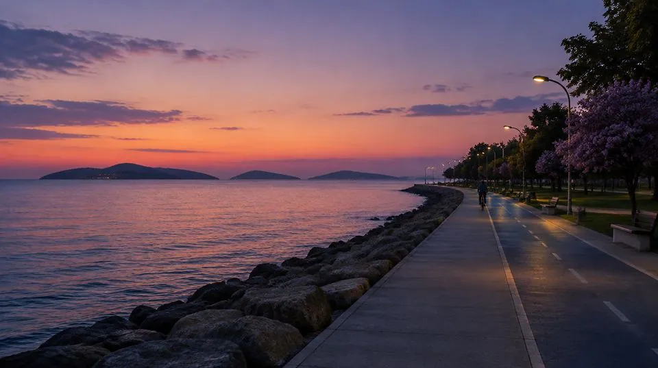 Blue hour on the Caddebostan shore, the Princes' Islands on the horizon